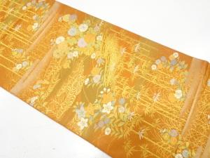 服部織物製　垣根に菊・竹笹模様織り出し　袋帯